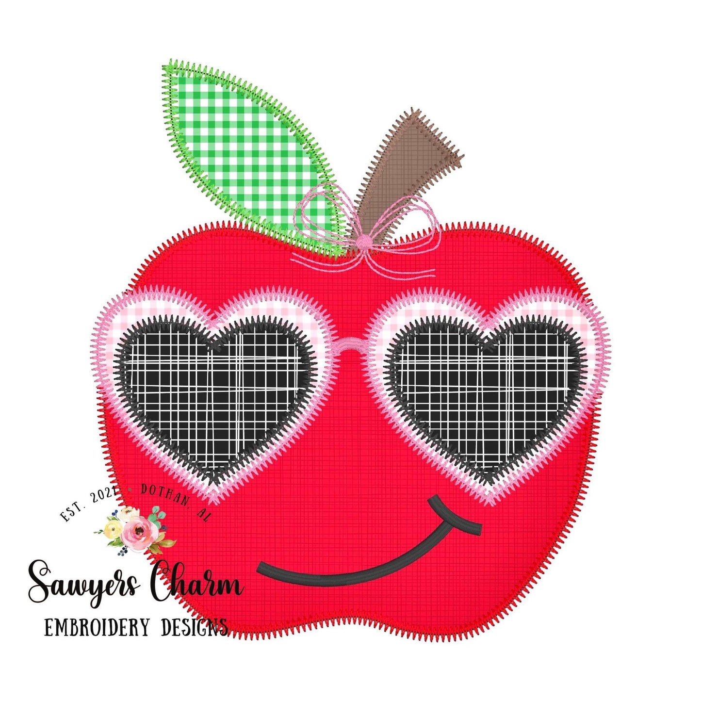 BUNDLE Apple with heart sunglasses and bow zigzag & bean stitch applique machine embroidery design file, dino, back to school, quick stitch