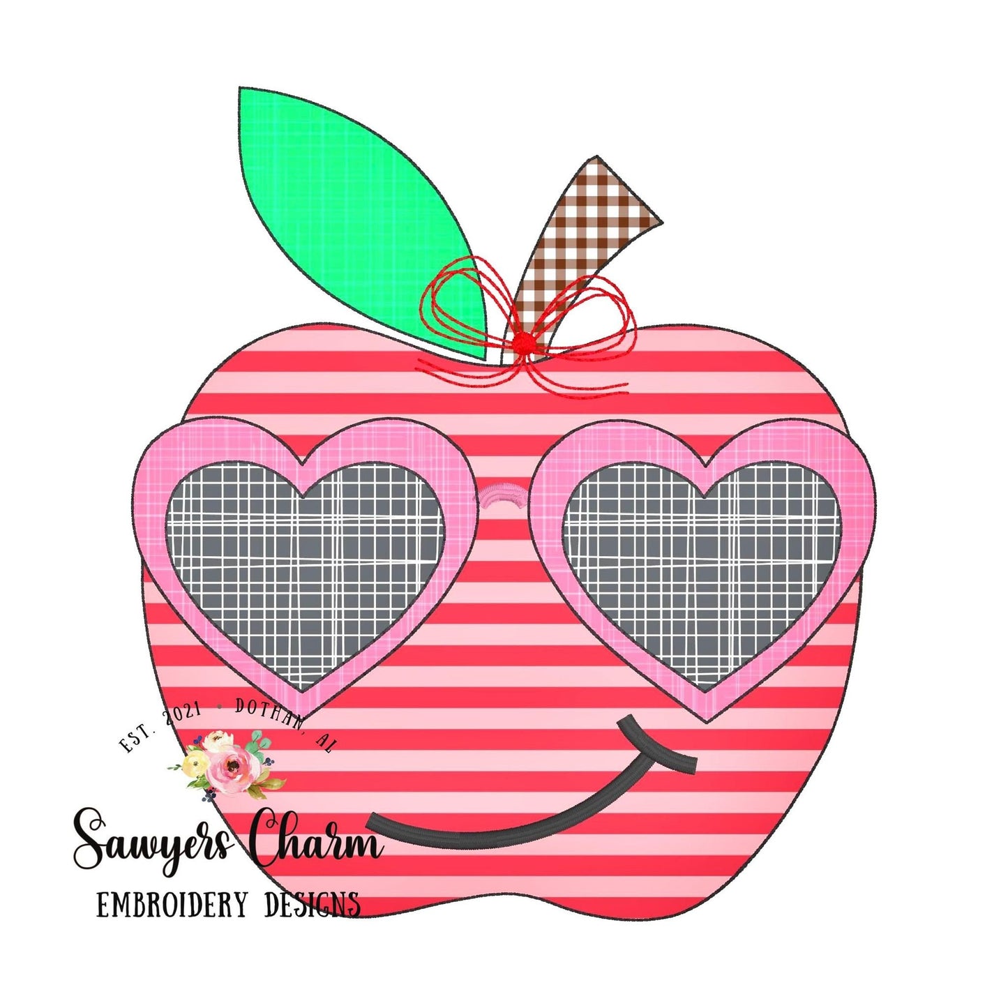 BUNDLE Apple with heart sunglasses and bow zigzag & bean stitch applique machine embroidery design file, dino, back to school, quick stitch