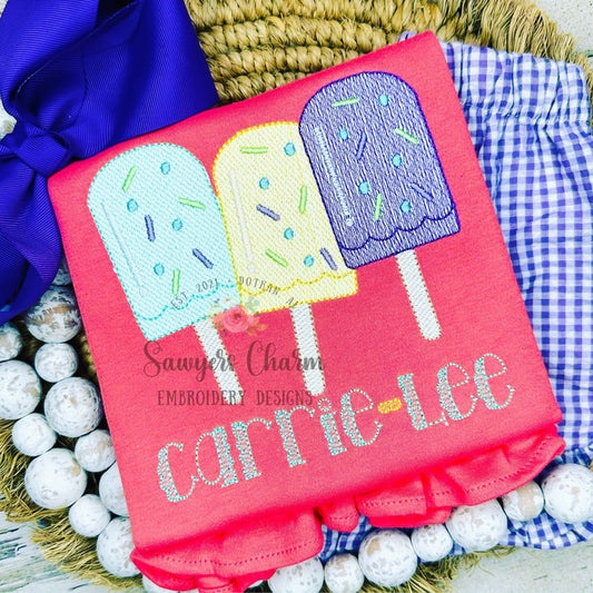Popsicle trio with sprinkles light sketch stitch machine embroidery design file, summer, spring, snacks ice cream, satin stitch quick stitch