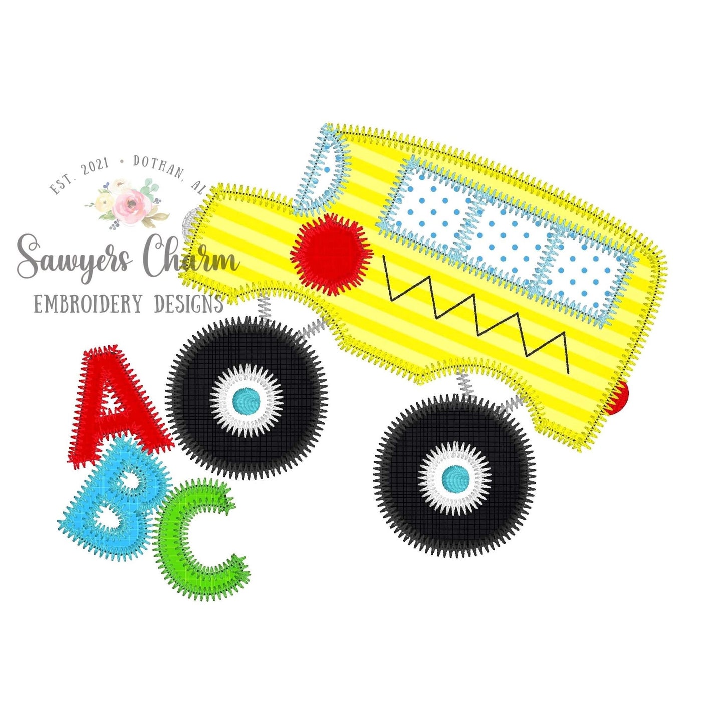 BUNDLE Monster truck school bus ABC bean & zigzag stitch machine applique embroidery design file, quick stitch, transportation, students
