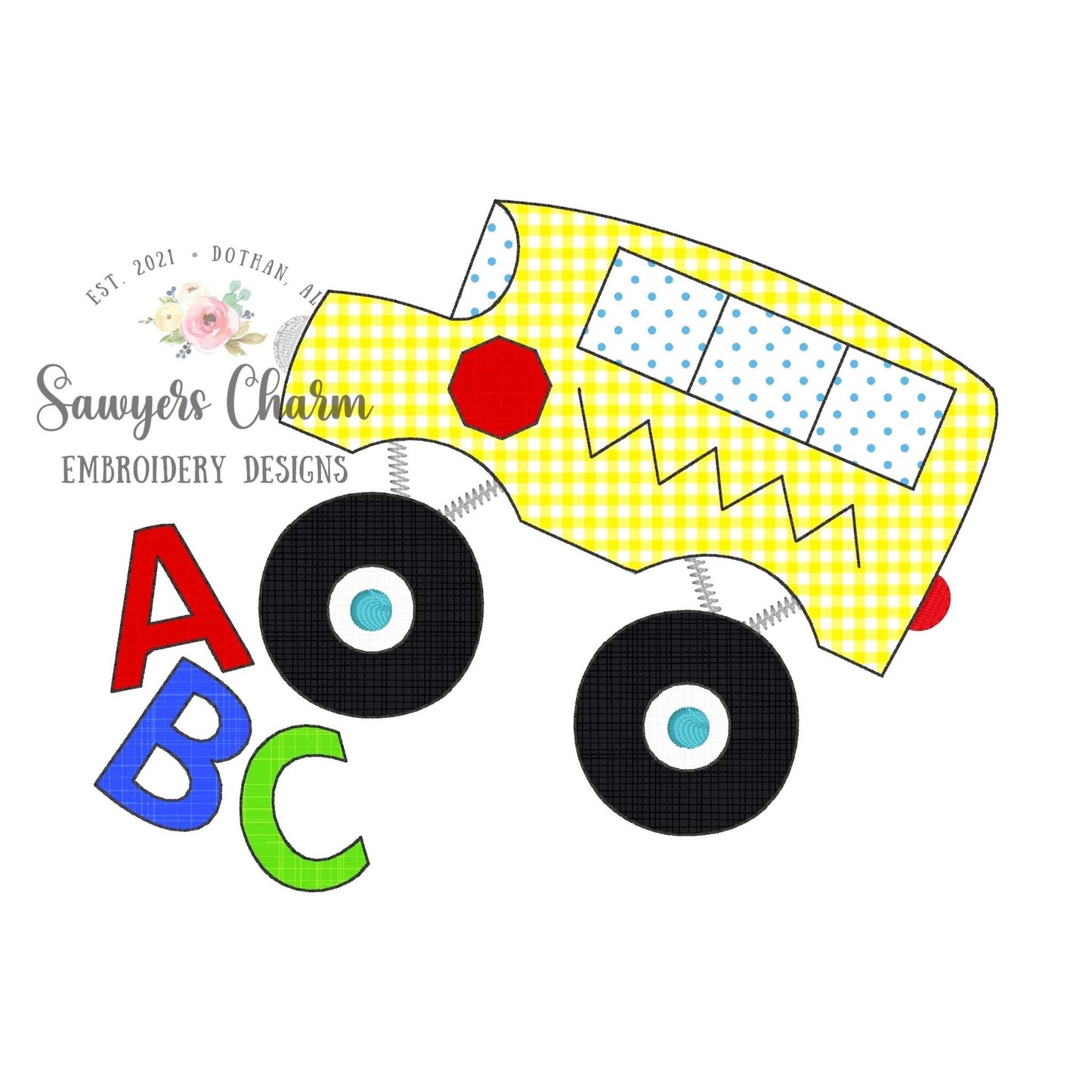 BUNDLE Monster truck school bus ABC bean & zigzag stitch machine applique embroidery design file, quick stitch, transportation, students
