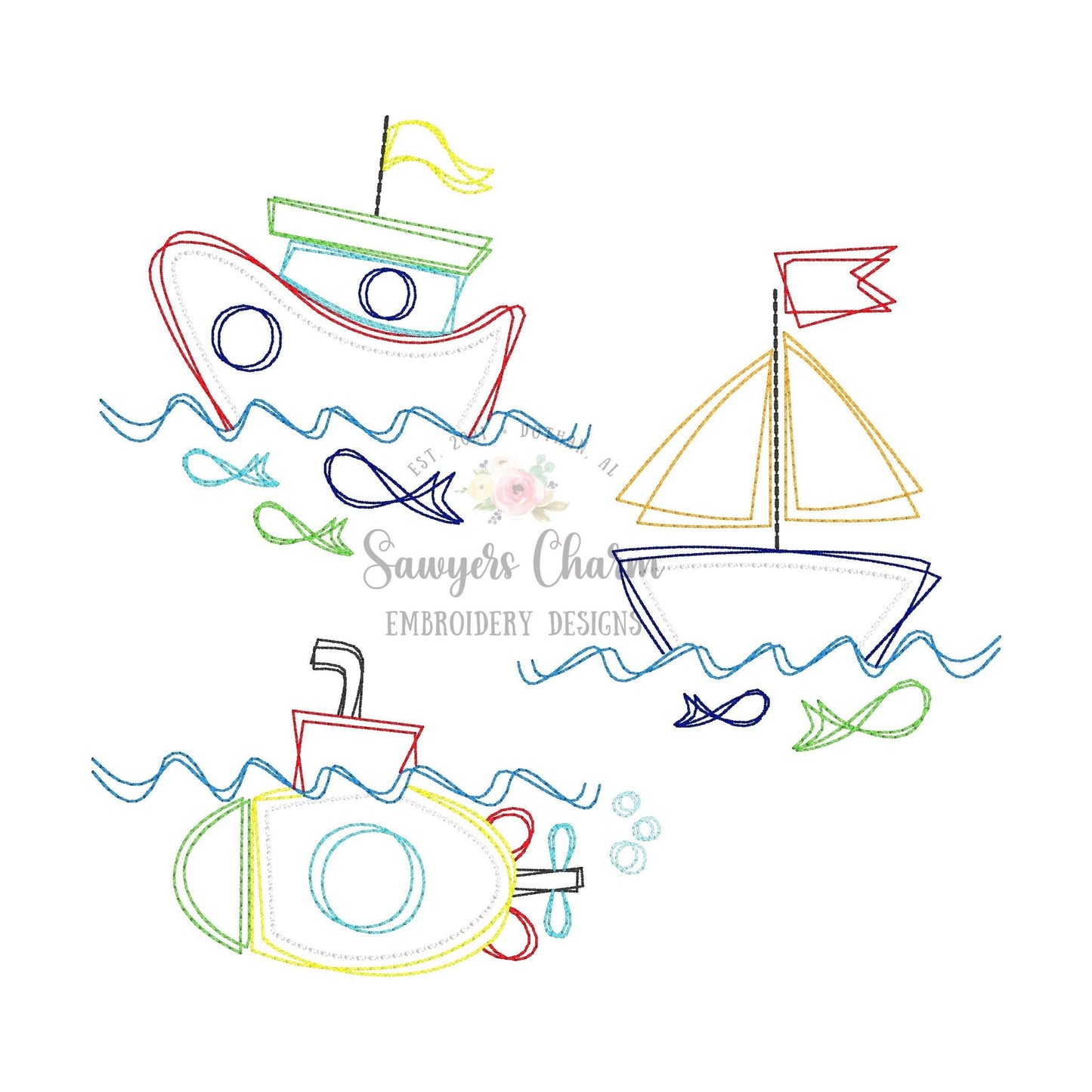 Squiggly boats trio with fish bean stitch machine embroidery design file, quick stitch, tug boat, sail boat, submarine, ocean beach water