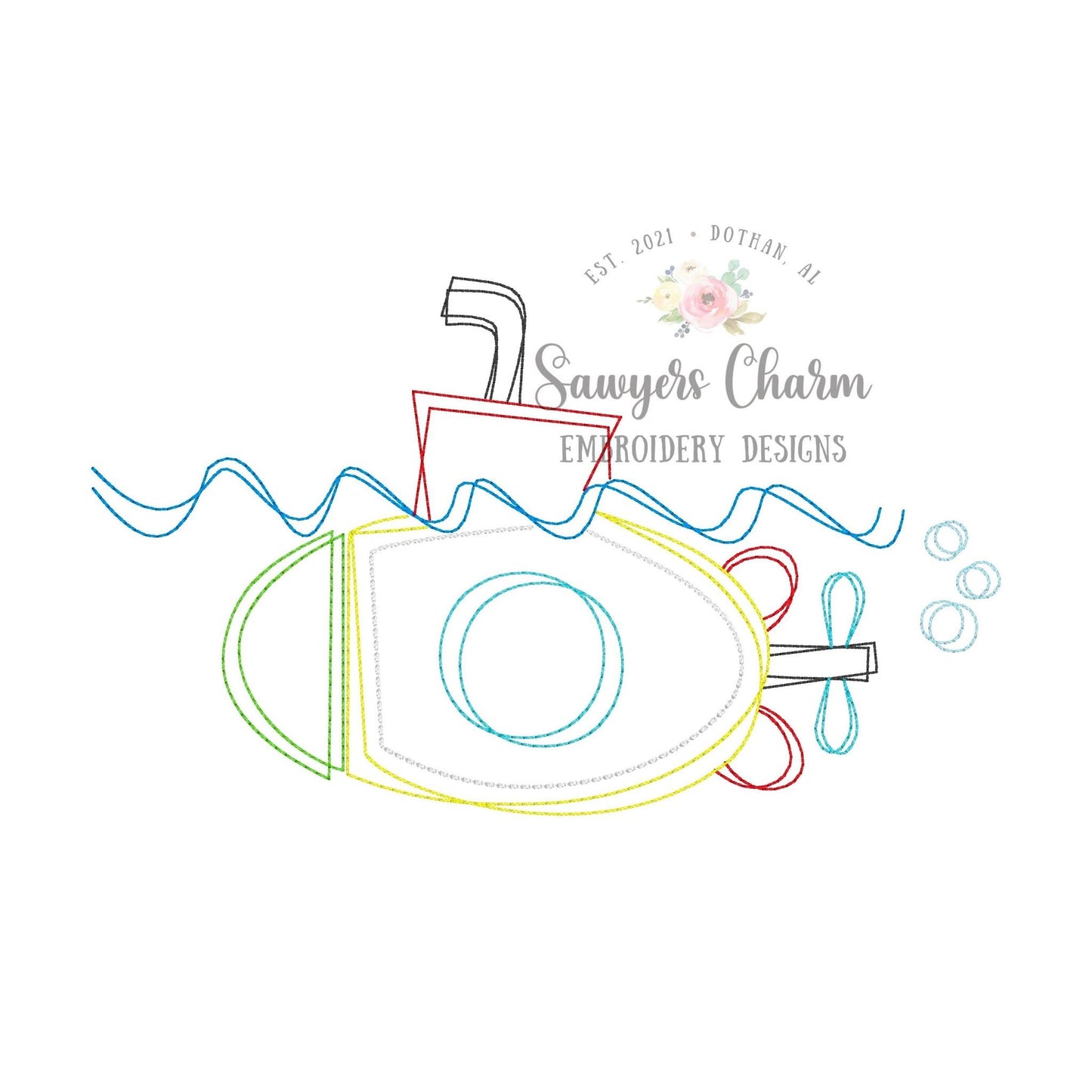 Squiggly submarine with waves bean stitch machine embroidery design file, quick stitch, sub, ocean beach water summer spring marine life