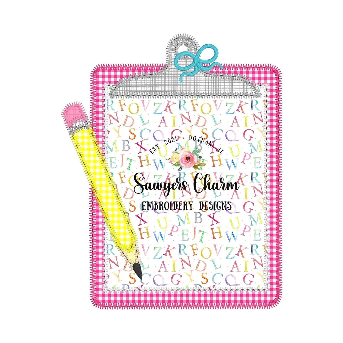BUNDLE Clipboard & pencil zig zag and bean stitch applique with and without bows, machine embroidery design file, back to school, paper ABC