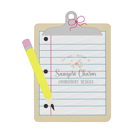 Clipboard & pencil with and without bows, sketch stitch machine embroidery design file, back to school, notebook paper ABC, school supplies