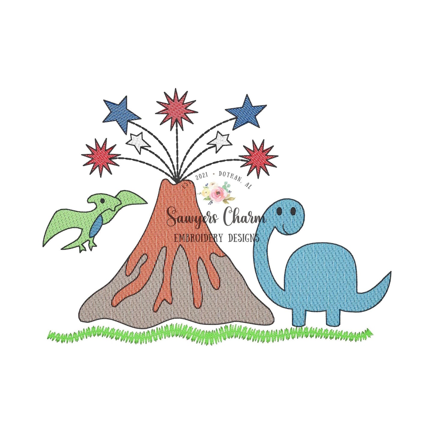 Patriotic dinosaur & volcano with fireworks sketch stitch machine embroidery design file, quick stitch, dino Pterodactyl brontosaurus