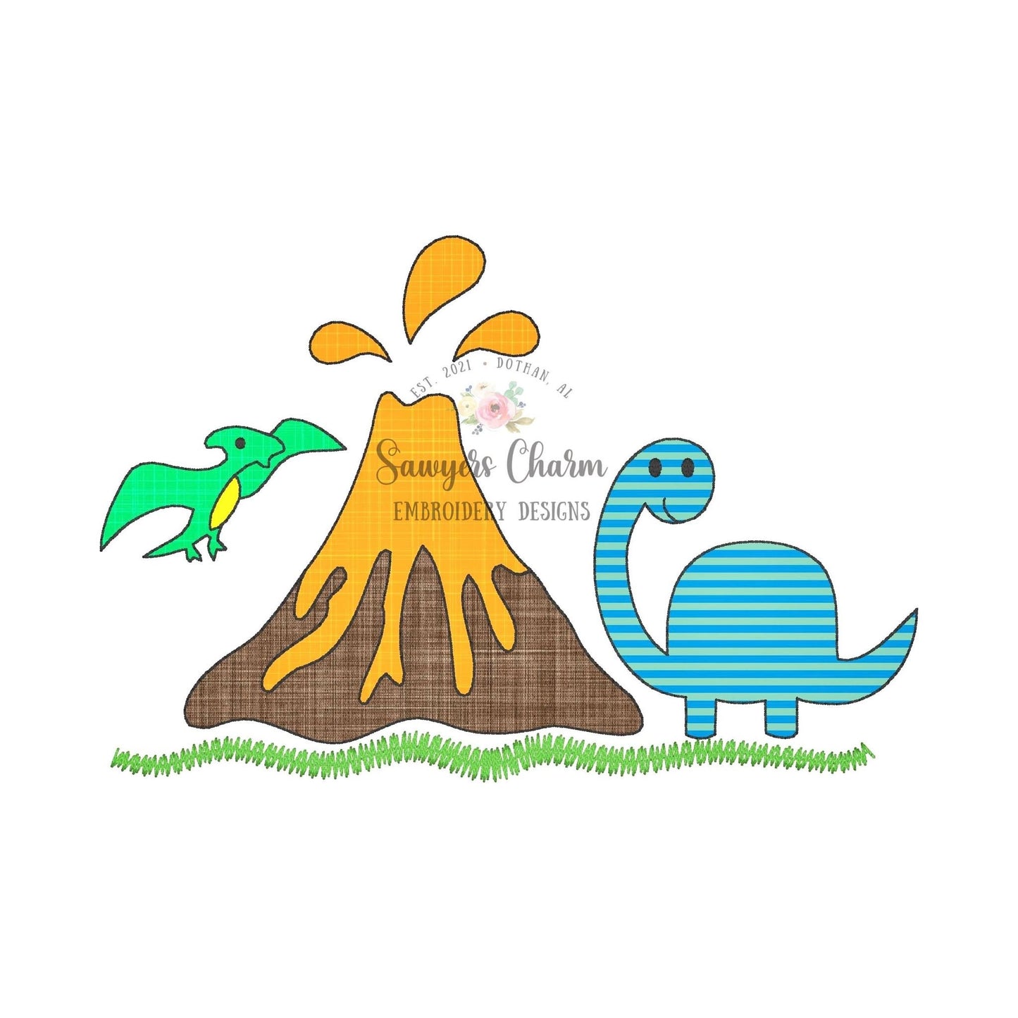 Dinosaur & volcano erupting bean stitch applique, machine embroidery design file, quick stitch dino Pterodactyl brontosaurus, prehistoric