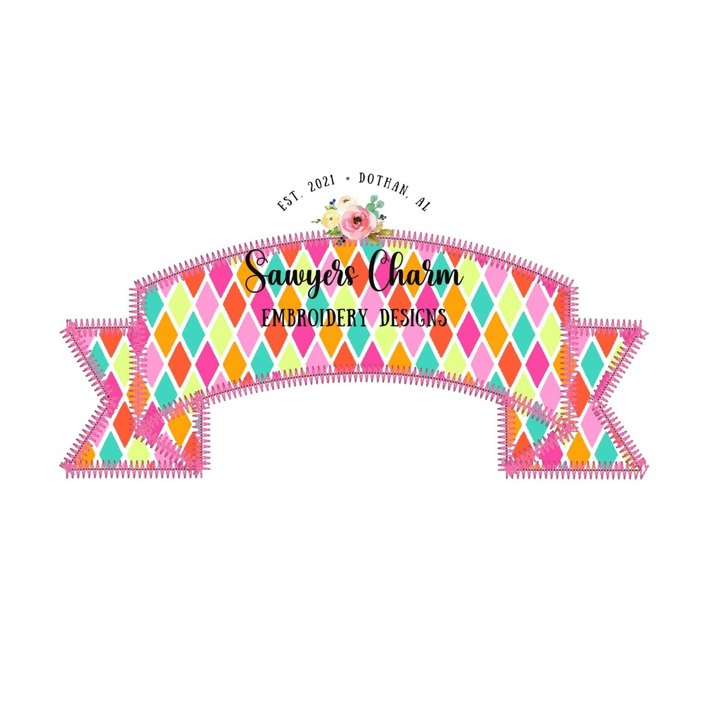 BUNDLE 4 Curved Ribbon banner name plate/frame machine applique embroidery design file, bean stitch, zigzag, scribble, satin stitch