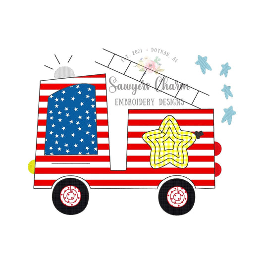 BUNDLE Patriotic firetruck zigzag & bean stitch machine applique embroidery design file, stars and stripes, USA, red white blue, July 4th