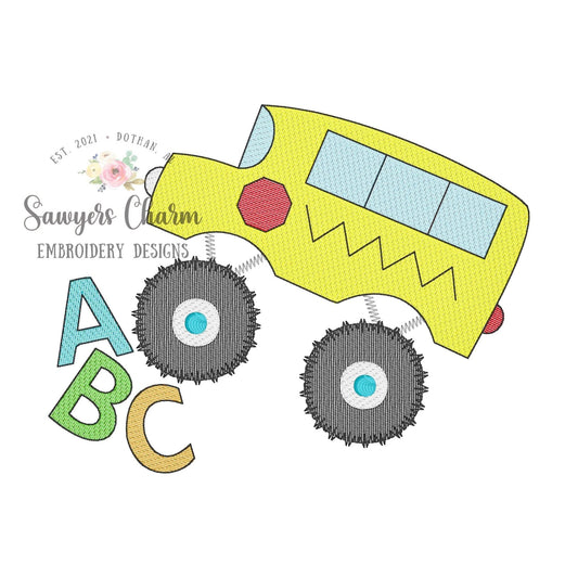 Monster truck school bus ABC light fill sketch stitch embroidery design file, quick stitch, transportation, students, back to school, rally