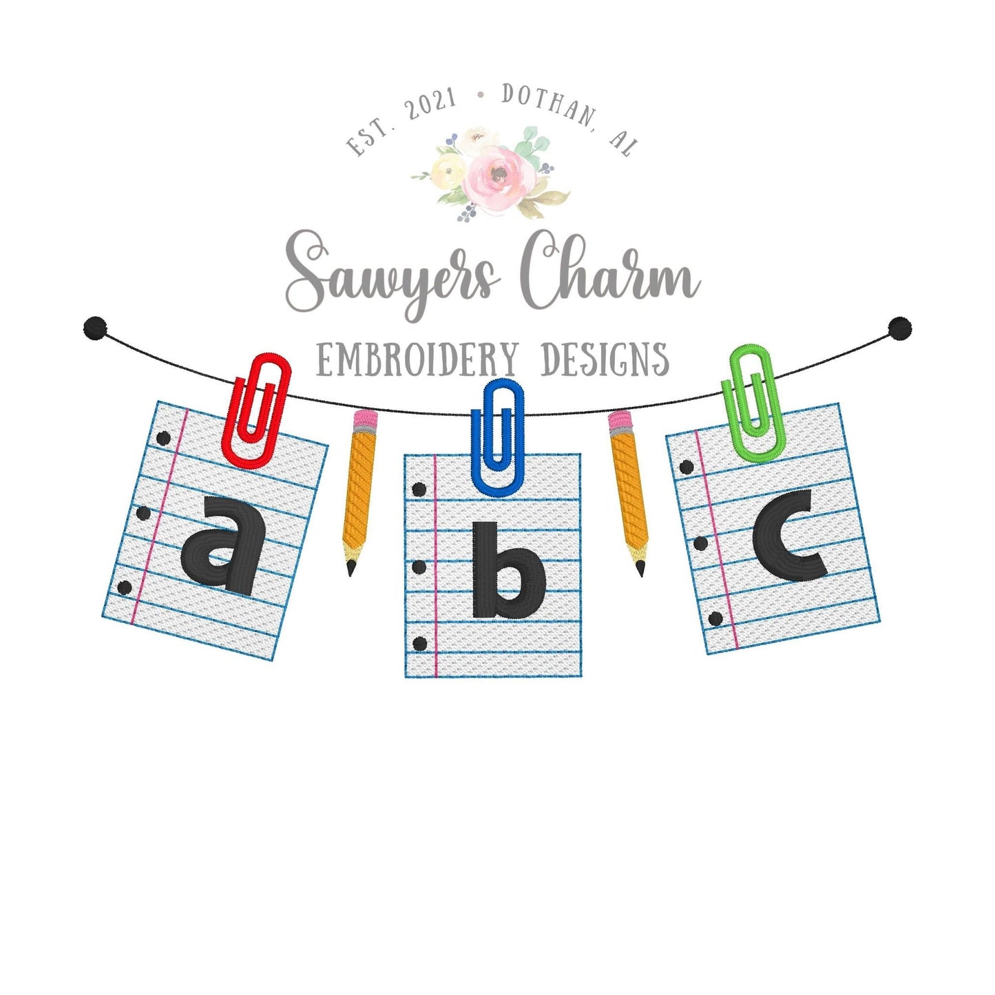 BUNDLE ABC school pencil/notebook paper bunting banner with & without bows, sketch stitch machine embroidery design file, quick stitch
