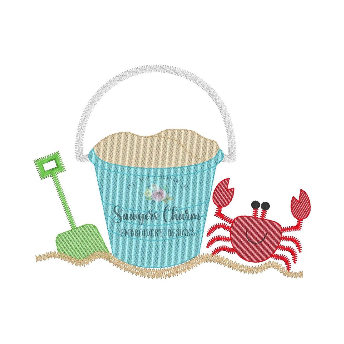 Beach sand pail/bucket & shovel with crab sketch stitch machine embroidery design file, sand, ocean, water, vacation, sun, scoop, waves