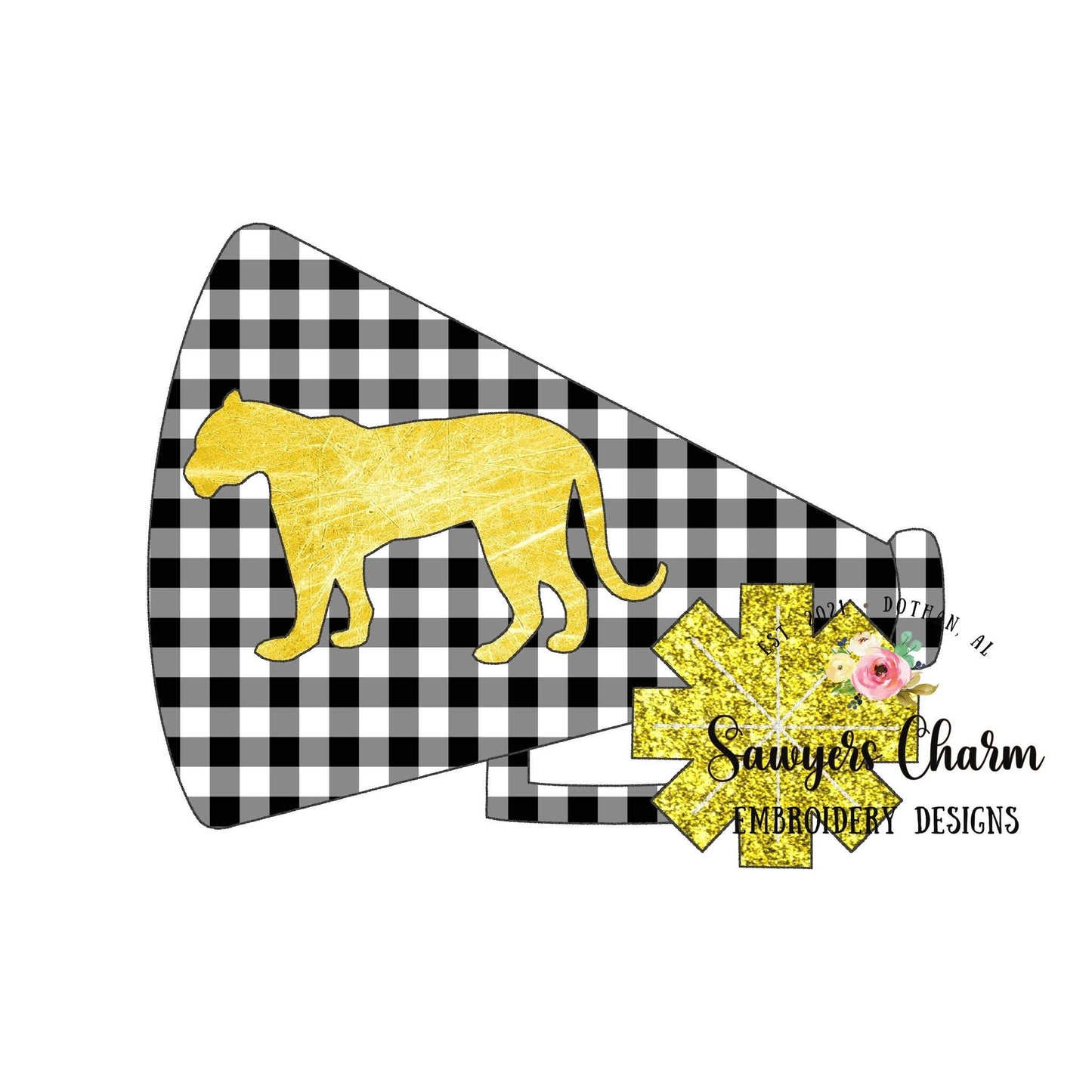 Megaphone pompom cougar silhouette bean stitch applique machine embroidery design file, cheerleading mascot college high school university