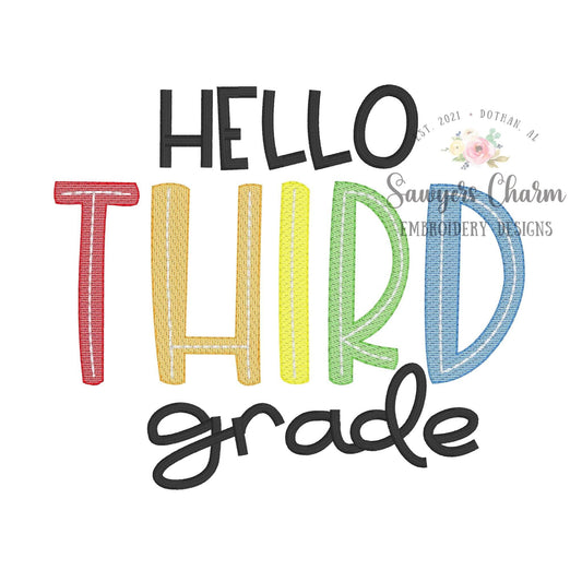 Hello Third Grade, sketch stitch embroidery design file, satin stitch, bean stitch, back to school, elementary student