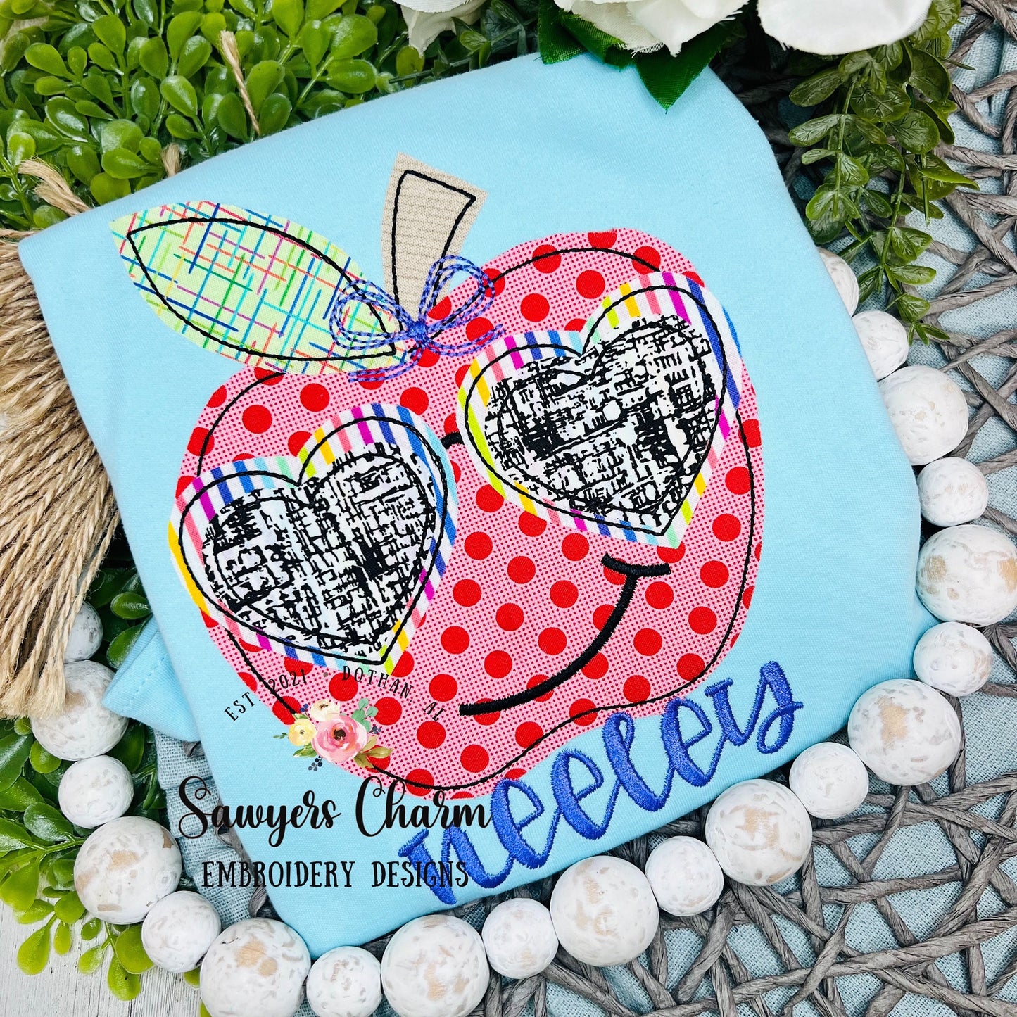 BUNDLE Apple with heart sunglasses and bow zigzag & bean stitch applique machine embroidery design file, dino, back to school, quick stitch