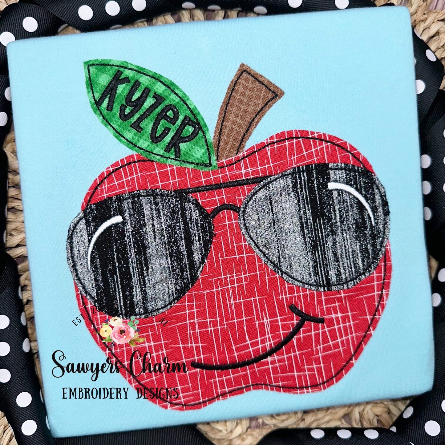 BUNDLE Apple with sunglasses zigzag & bean stitch applique machine embroidery design file, dino, back to school, sunnies, quick stitch, cool