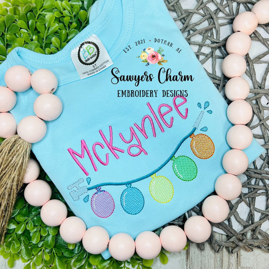 Water balloons bunting banner sketch stitch machine embroidery design file, summer spring, outdoors birthday, water hose, splash, soak