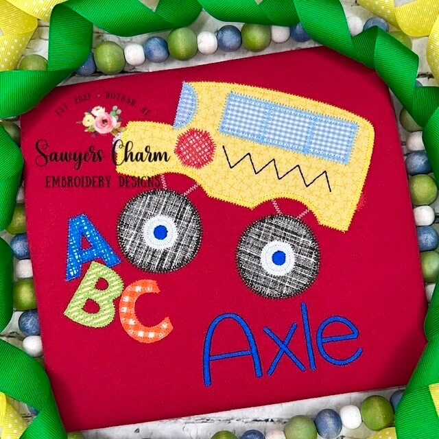 BUNDLE Monster truck school bus ABC bean & zigzag stitch machine applique embroidery design file, quick stitch, transportation, students
