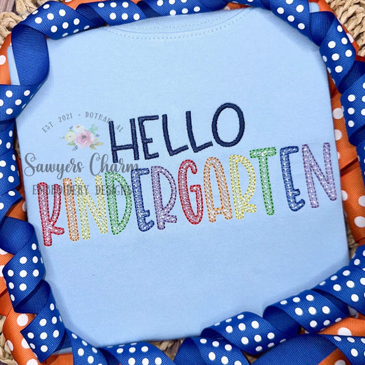 Hello Kindergarten, sketch stitch embroidery design file, satin stitch, bean stitch, back to school, K-5 student