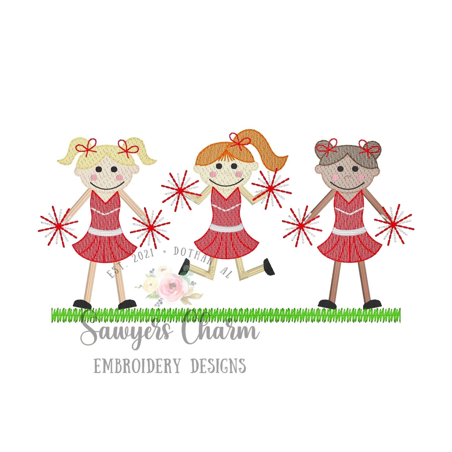 Cheerleaders with pompoms trio sketch stitch machine embroidery design file, quick stitch, football field, fall sports, bow, cheerleading,