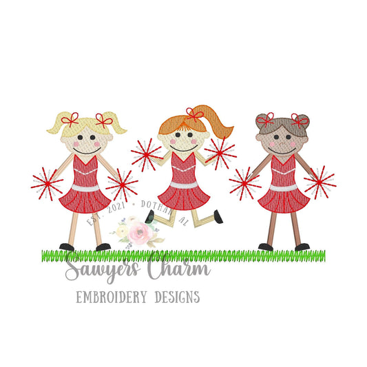 Cheerleaders with pompoms trio sketch stitch machine embroidery design file, quick stitch, football field, fall sports, bow, cheerleading,