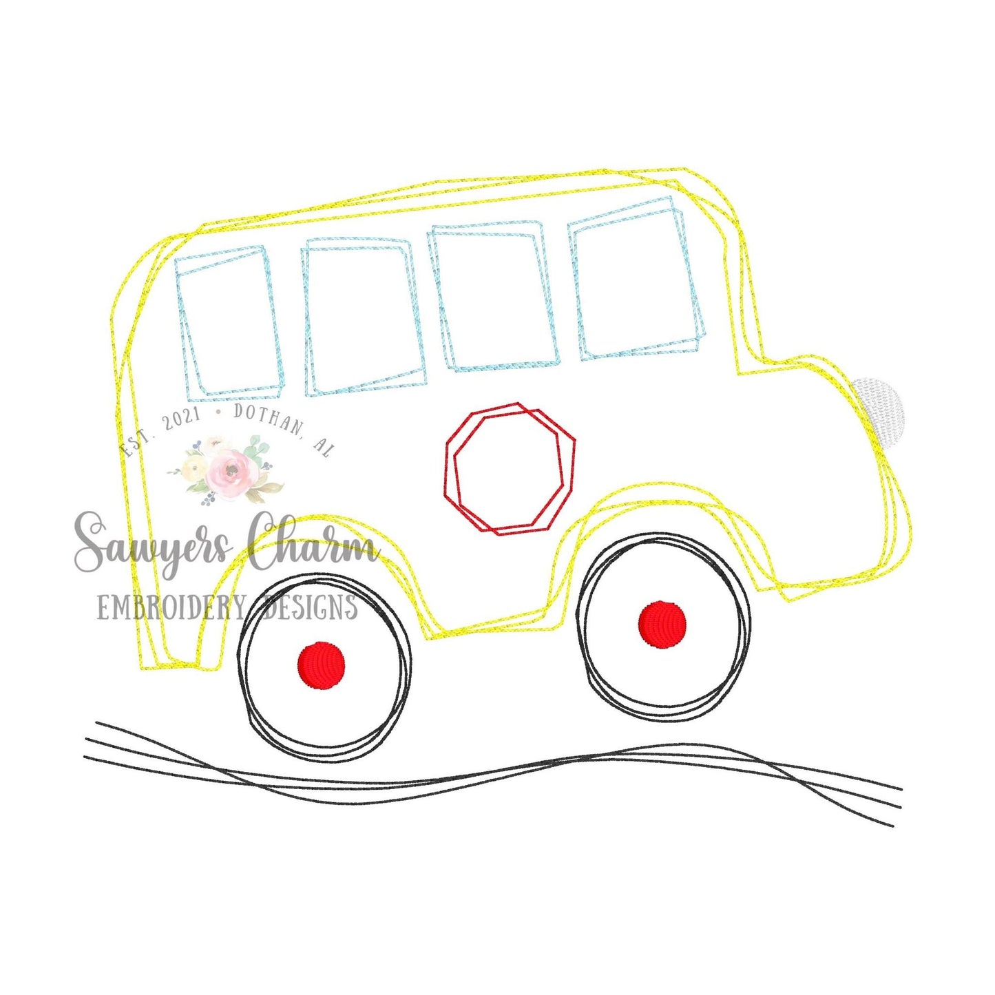 Squiggly Back to school bus bean stitch embroidery design file, quick stitch, scribble, student transportation