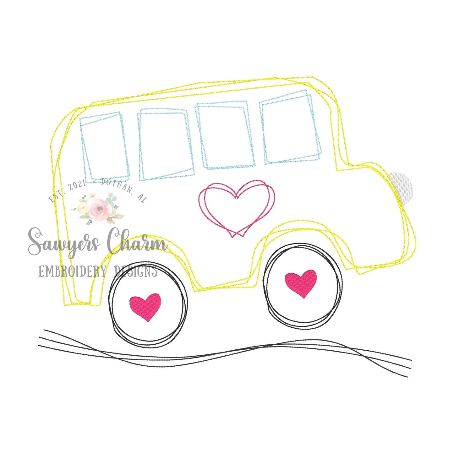 Squiggly Back to school bus with hearts, bean stitch embroidery design file, quick stitch, scribble, student transportation