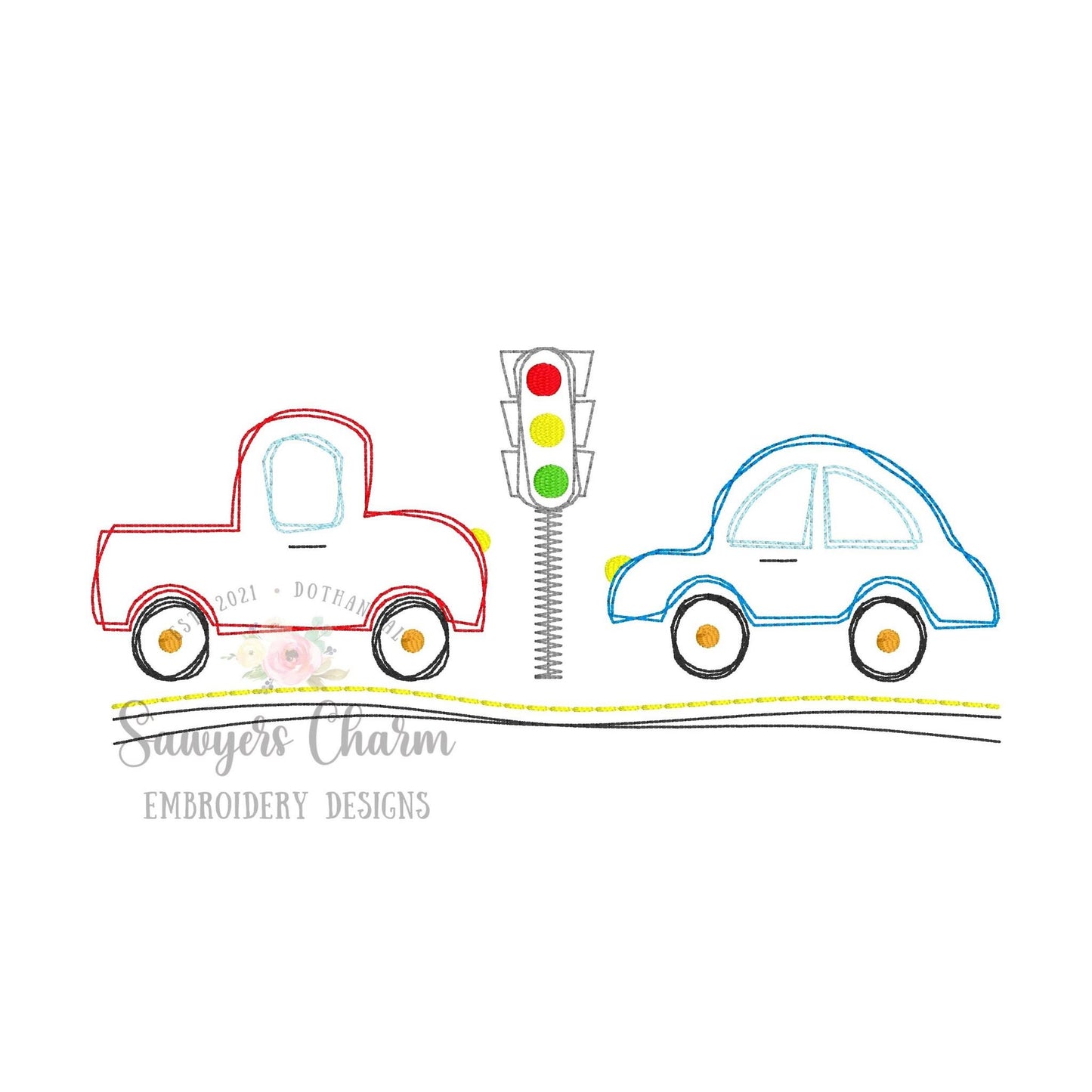 Squiggly transportation vehicles trio quick stitch, vintage style, bean stitch machine embroidery design file, car, truck, stoplight, road
