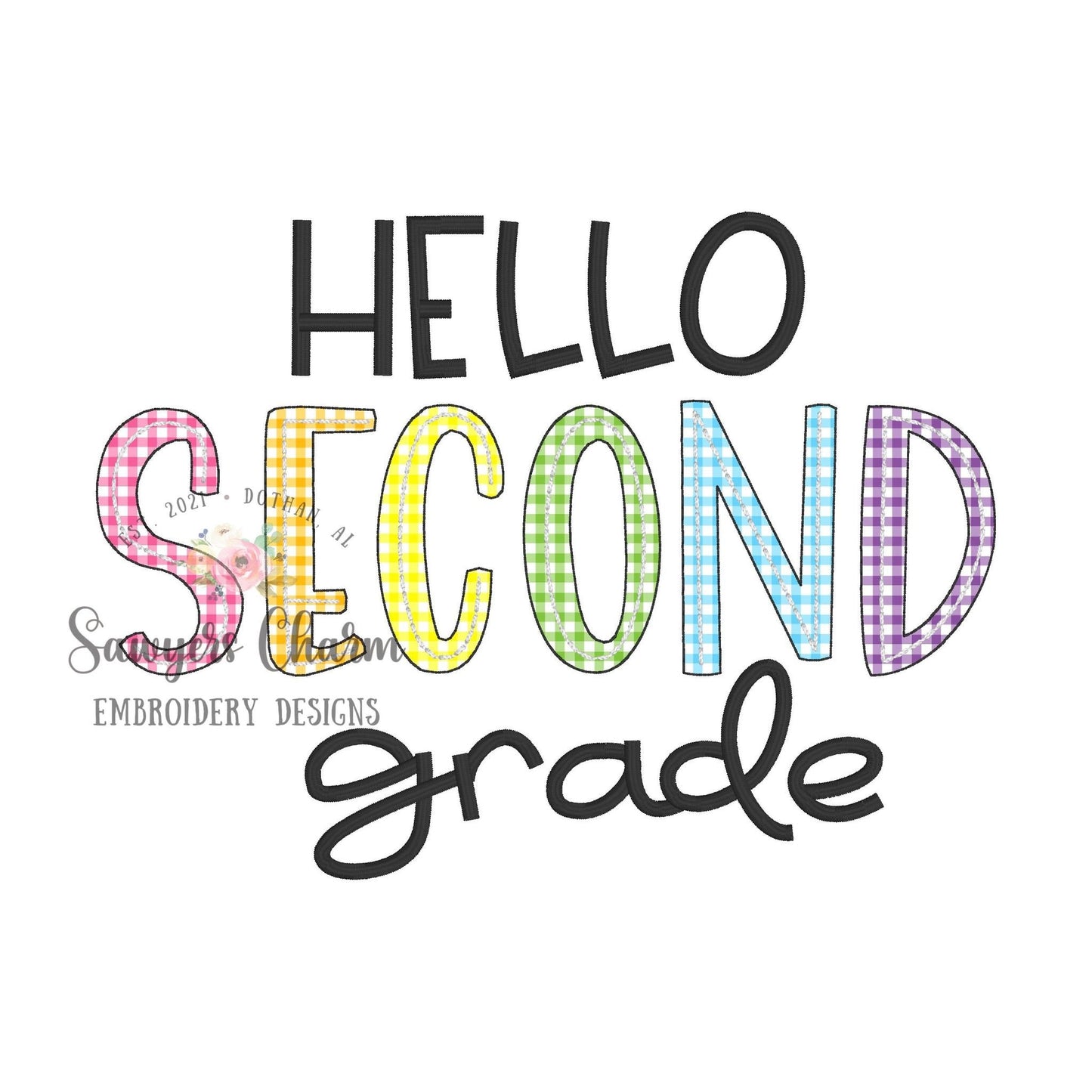 Hello Second Grade, bean stitch applique, machine embroidery design file, satin stitch, back to school, elementary student