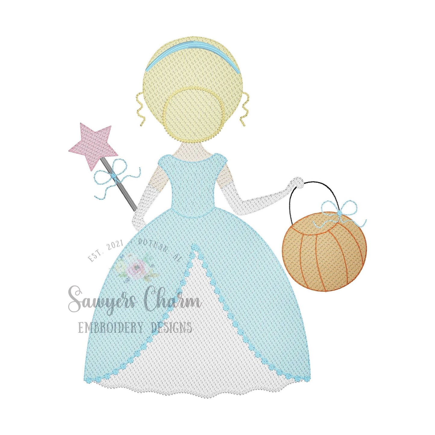 Princess trick or treating sketch stitch embroidery design file, fall, halloween, pumpkin patch, quick stitch, jackolantern, candy bucket