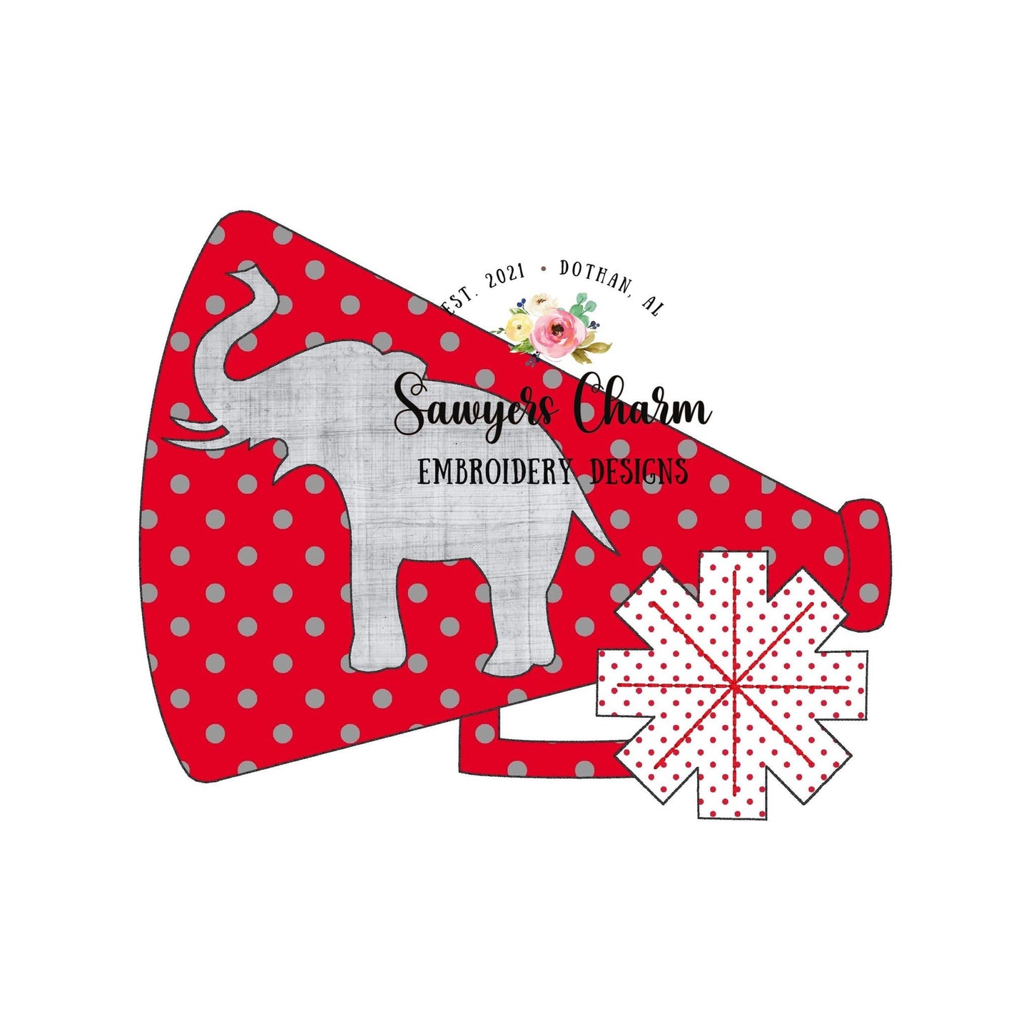 Megaphone pompom elephant silhouette bean stitch applique machine embroidery design file, cheerleading mascot college high school university
