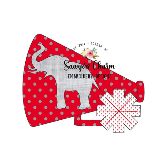 Megaphone pompom elephant silhouette bean stitch applique machine embroidery design file, cheerleading mascot college high school university