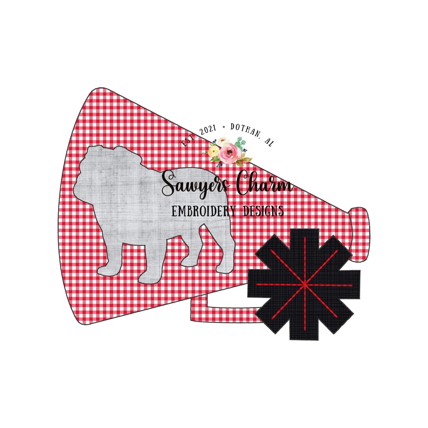 Megaphone pompom bulldog silhouette bean stitch applique machine embroidery design file, cheerleading mascot college high school university