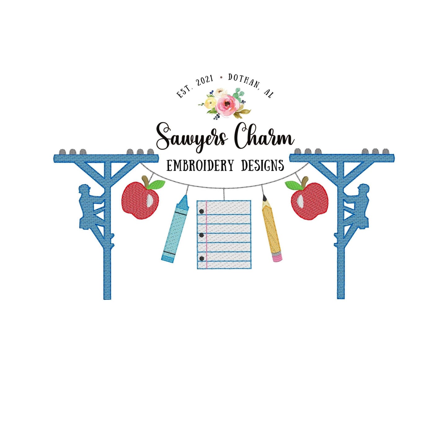 Back to school lineman bunting banner, sketch stitch machine embroidery design file, quick stitch, bean stitch, crayon, pencil, paper, apple