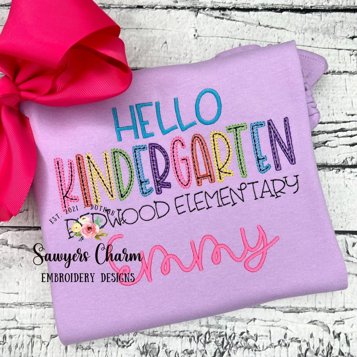 Hello Kindergarten, sketch stitch embroidery design file, satin stitch, bean stitch, back to school, K-5 student
