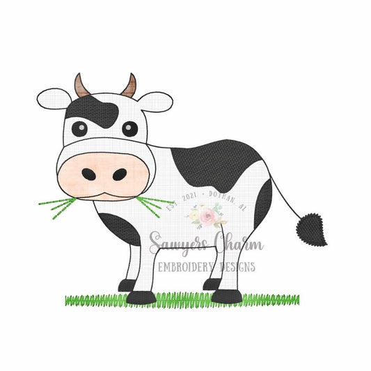 BUNDLE Cow in grass with & without bow bean stitch applique, machine embroidery design file, quick stitch, farm animals in field, hay, bull