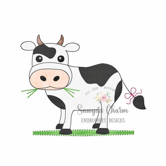 BUNDLE Cow in grass with & without bow bean stitch applique, machine embroidery design file, quick stitch, farm animals in field, hay, bull