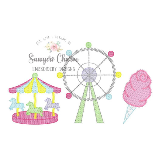 County fair trio sketch stitch machine embroidery design, carousel, Ferris wheel, cotton candy, festival snacks/food, rides