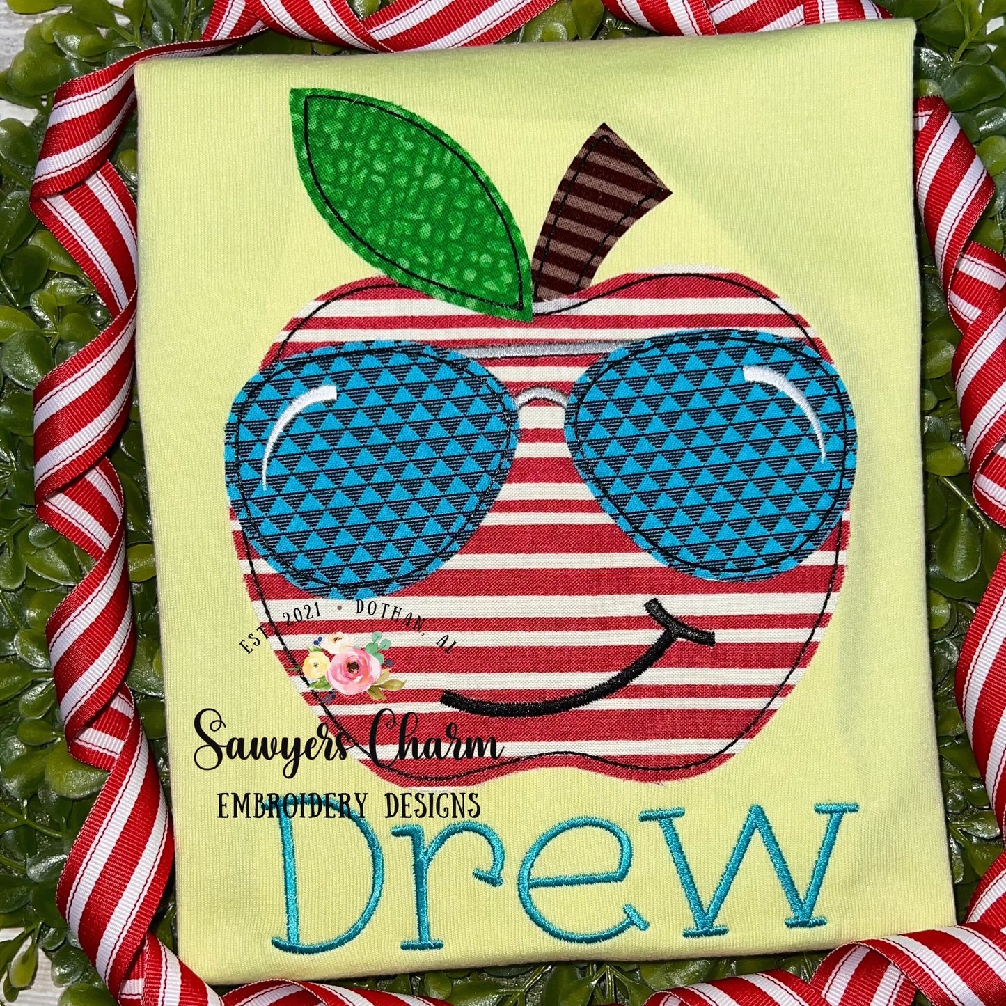 BUNDLE Apple with sunglasses zigzag & bean stitch applique machine embroidery design file, dino, back to school, sunnies, quick stitch, cool