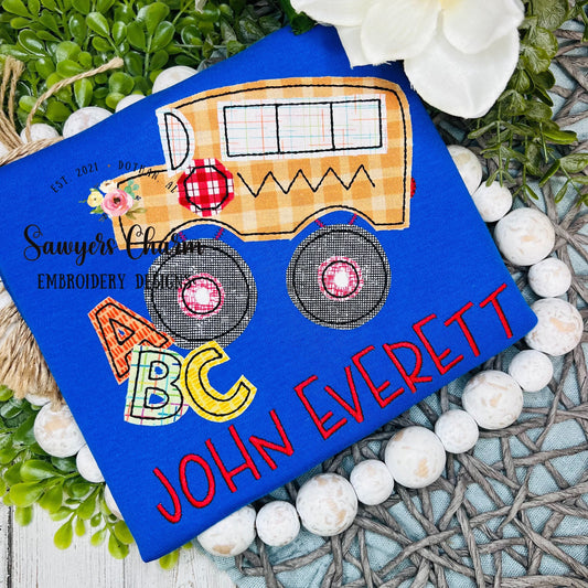 BUNDLE Monster truck school bus ABC bean & zigzag stitch machine applique embroidery design file, quick stitch, transportation, students