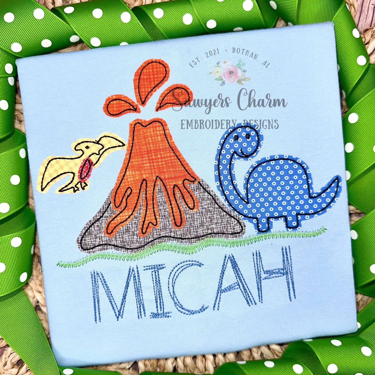 Dinosaur & volcano erupting bean stitch applique, machine embroidery design file, quick stitch dino Pterodactyl brontosaurus, prehistoric