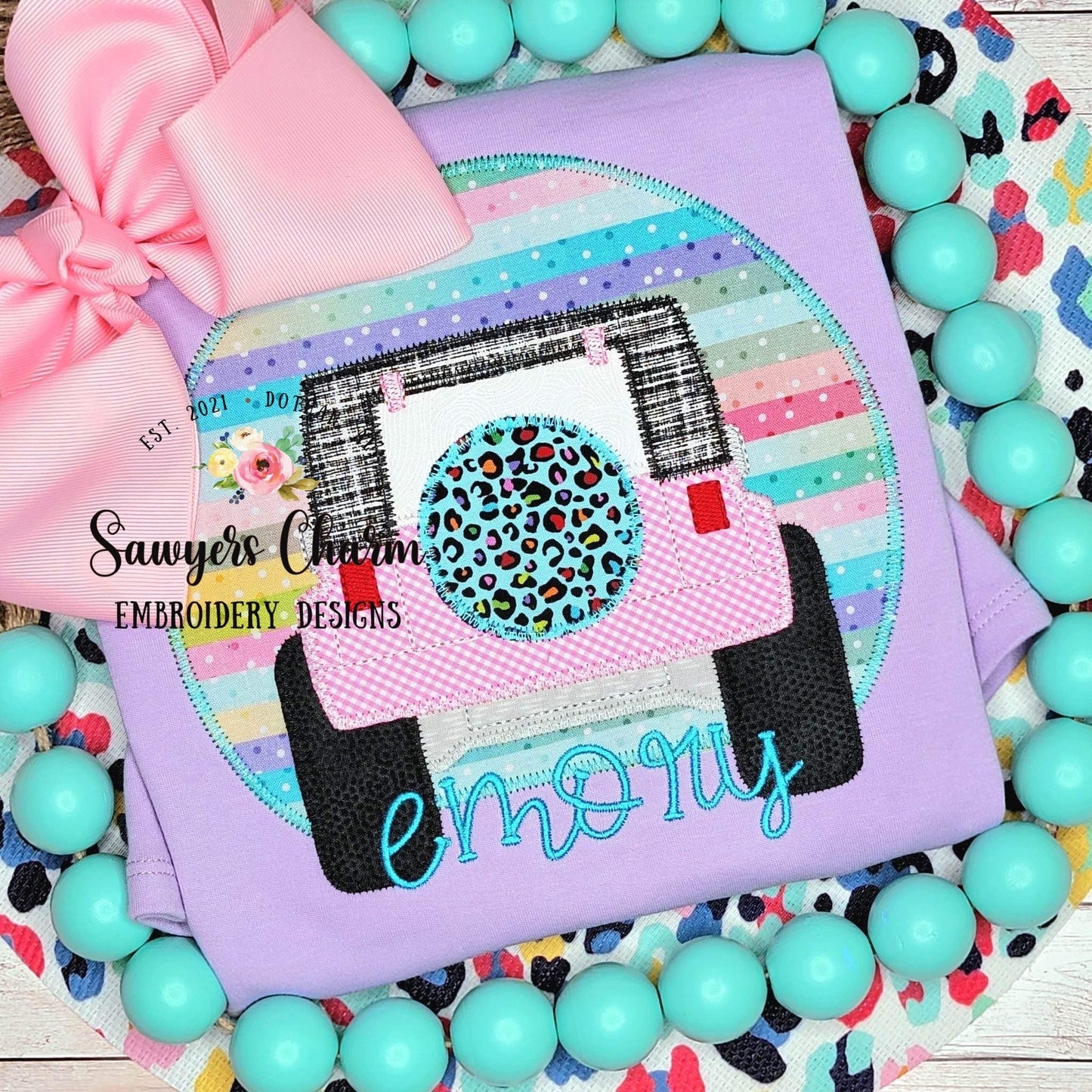 Off Road SUV vehicle truck & tire with sunset zigzag stitch applique, machine embroidery design file, transportation, mudding, beach summer