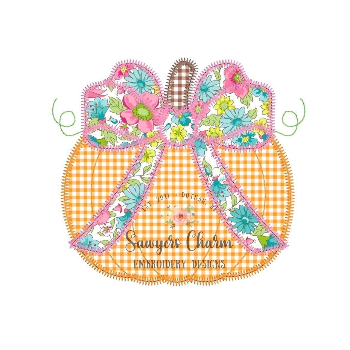 BUNDLE Pumpkin with bow bean & zigzag stitch applique, machine embroidery design file, fall, halloween, fall leaves, pumpkin patch, quick