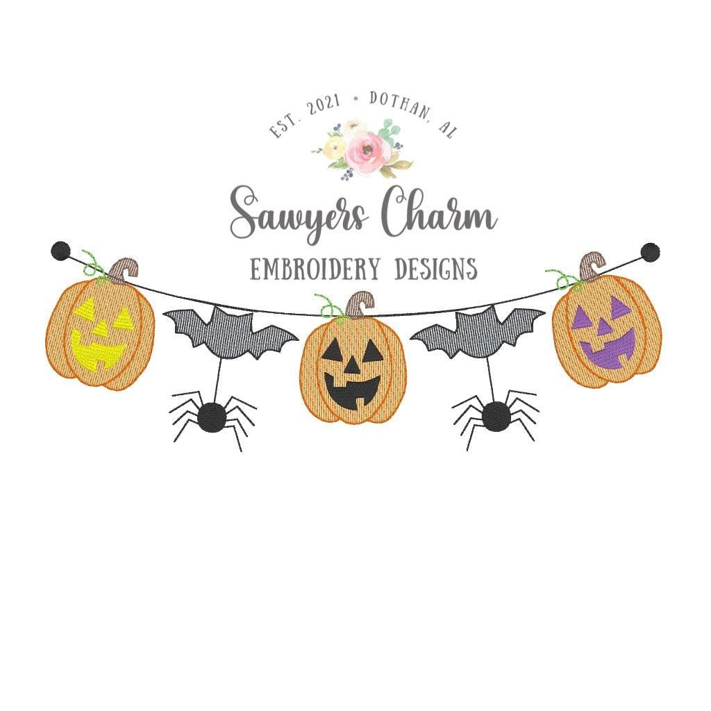 BUNDLE Halloween jackolantern bats spider bunting banner with & without bows sketch stitch machine embroidery design file, fall pumpkin,