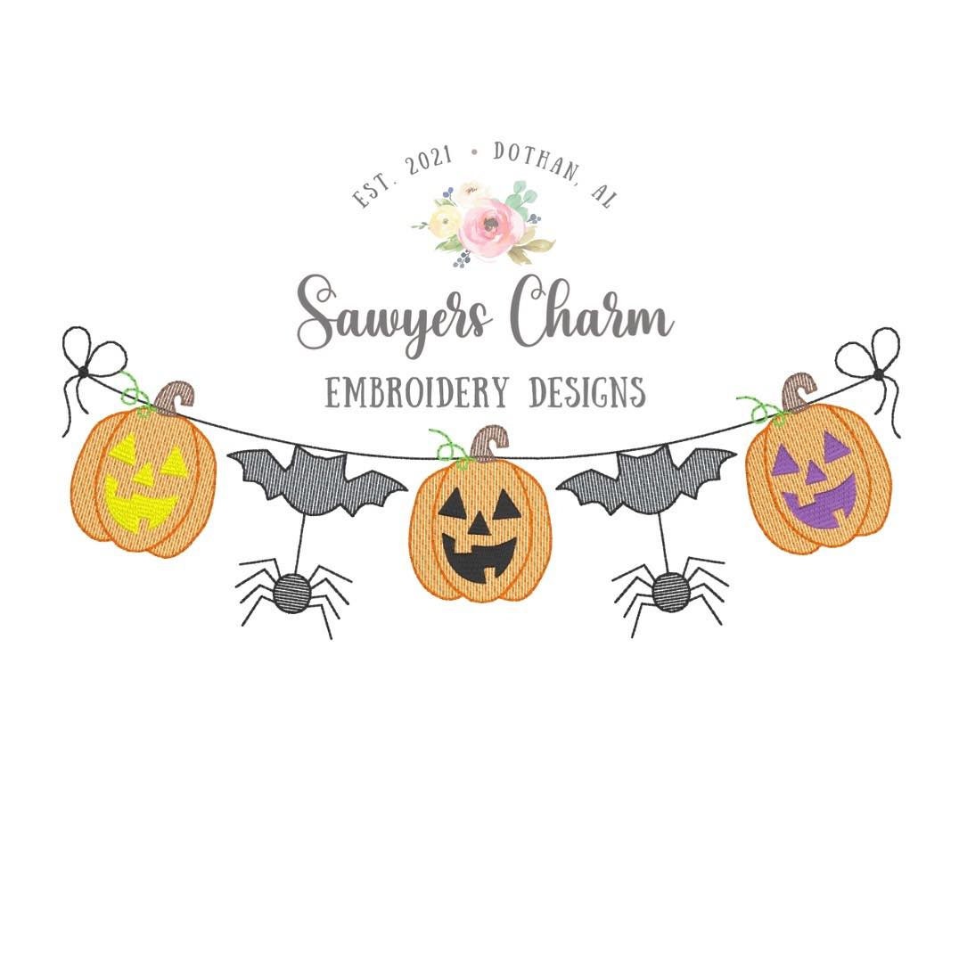 BUNDLE Halloween jackolantern bats spider bunting banner with & without bows sketch stitch machine embroidery design file, fall pumpkin,