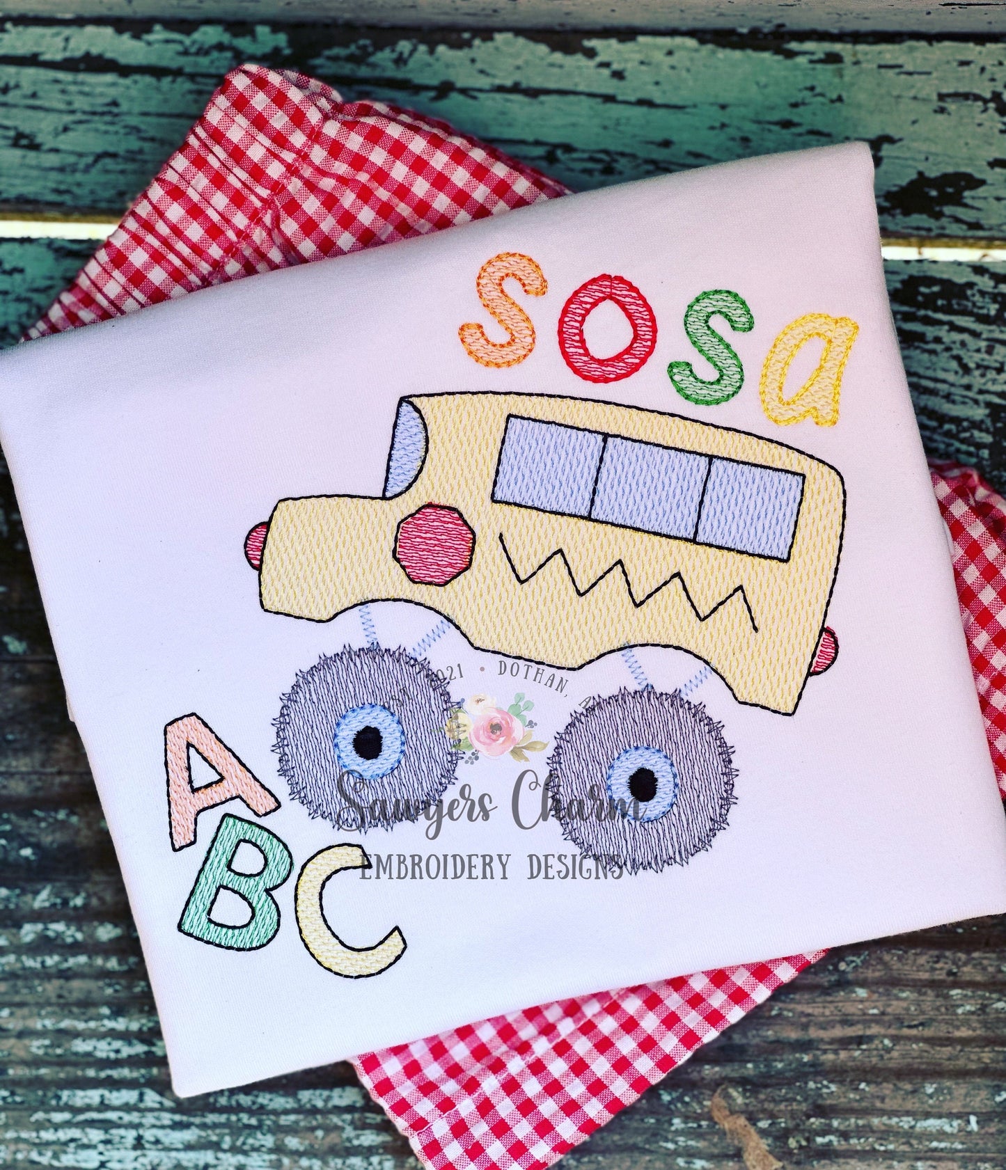 Monster truck school bus ABC light fill sketch stitch embroidery design file, quick stitch, transportation, students, back to school, rally