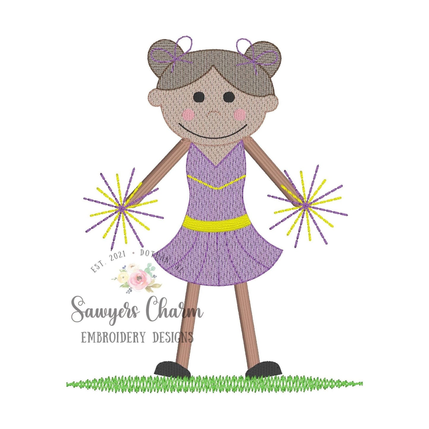 Cheerleader with buns & pompoms sketch stitch machine embroidery design file, quick stitch, football field, fall sports, bow, cheerleading