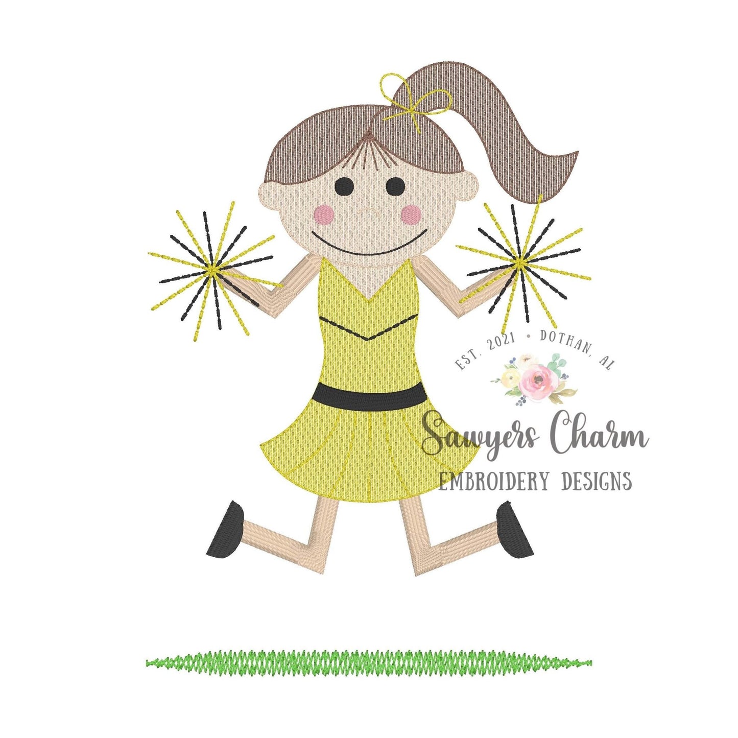 Cheerleader with ponytail & pompoms sketch stitch machine embroidery design file, quick stitch football field fall sports bow, cheerleading,