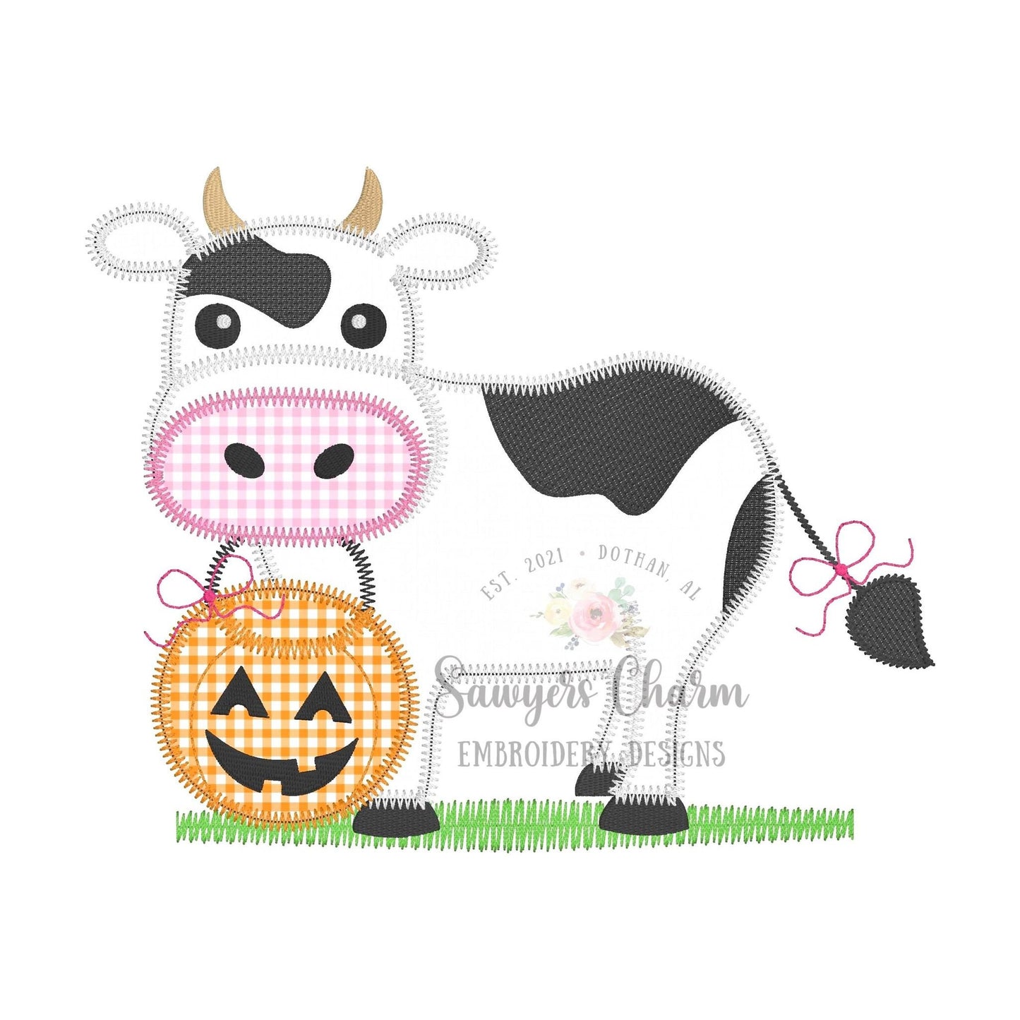 BUNDLE Cow jack o lantern candy bucket, with & without bow zig zag applique, machine embroidery design file, fall pumpkin trick or treating
