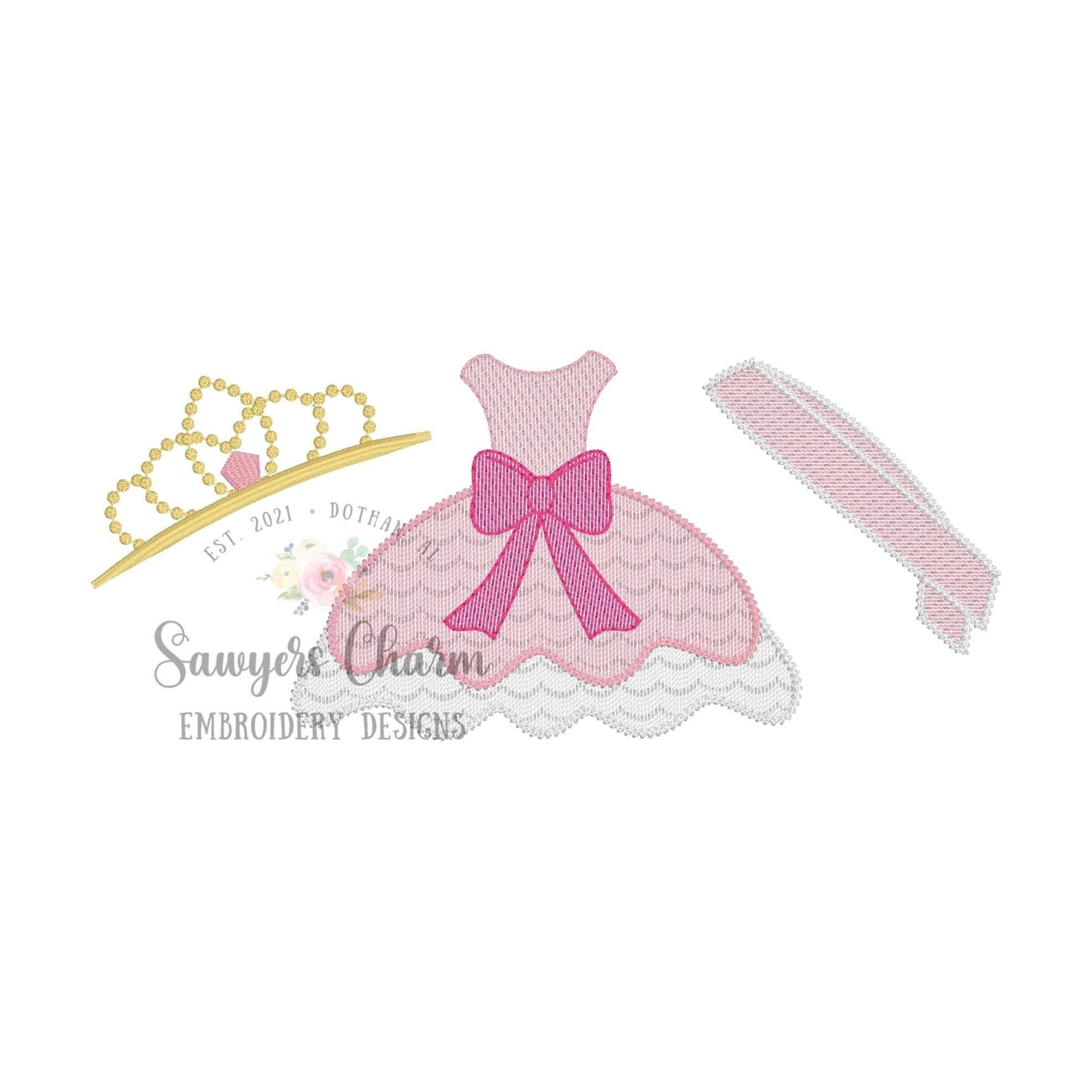 Pageant trio sketch stitch machine embroidery design file, crown jewels, dress with bow, sash, princess queen, quick stitch, antebellum gown